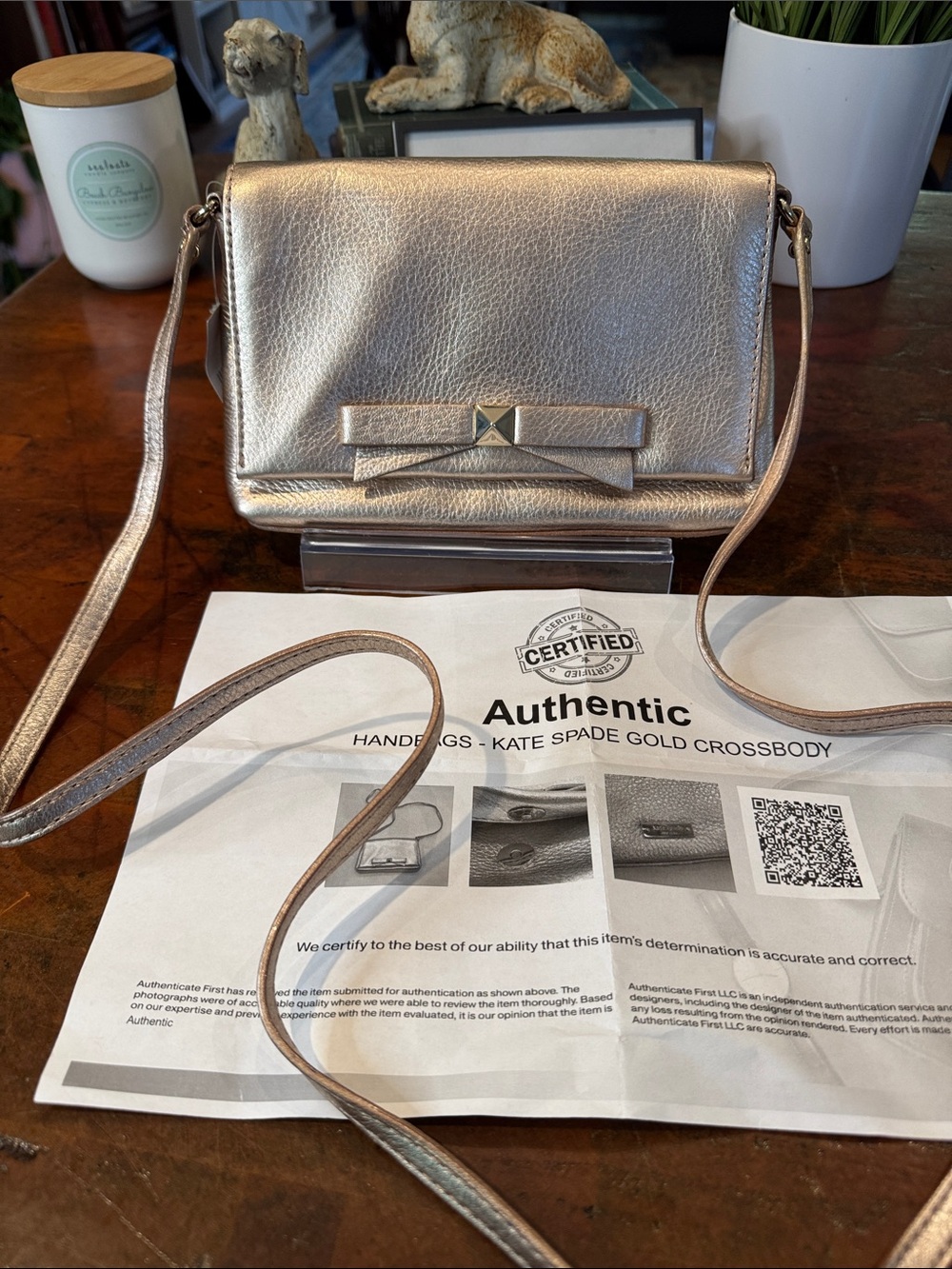💕kate spade Metallic Gold Leather Bow-Accent Crossbody